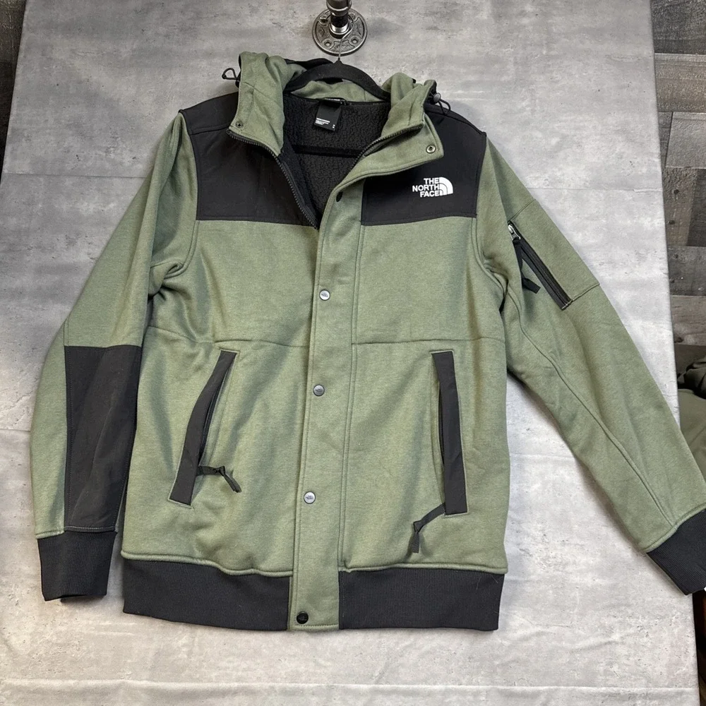 The North Face Men's Highrail Fleece Jacket olive green Hooded Snap & Zip Med